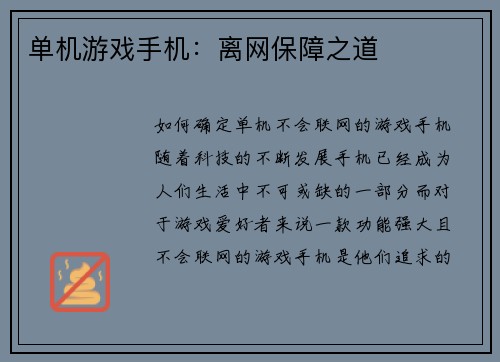 单机游戏手机：离网保障之道
